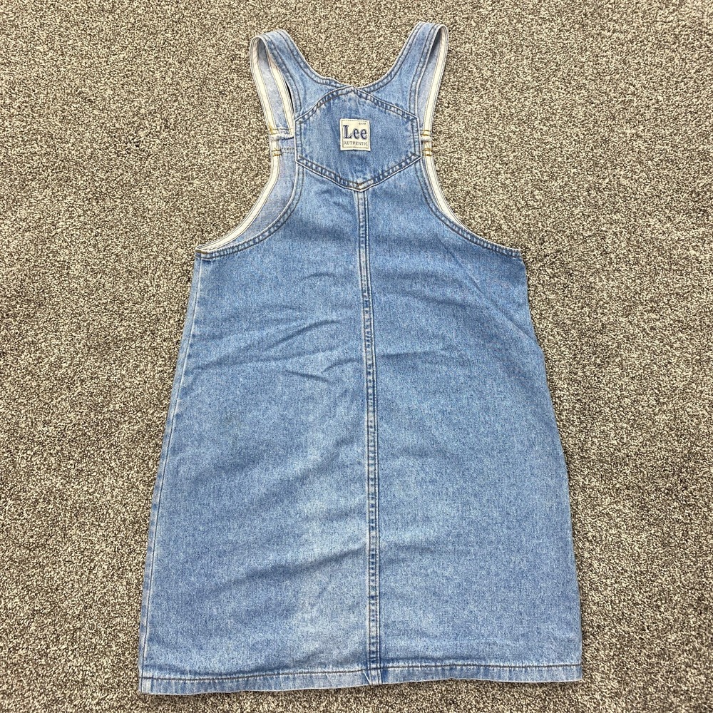 VTG Lee Dress Girls 14 Dark Blue Jean Denim Sleeveless Cotton Pockets Fade USA‎